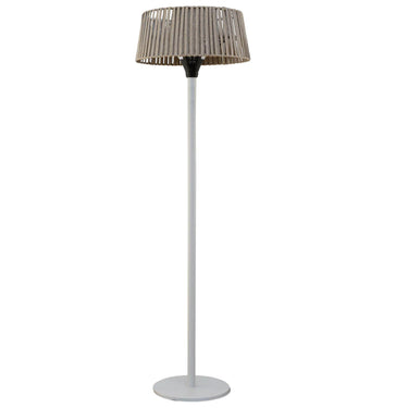 Fireglow patio heater in stone beige with weather-resistant design and doubles as outdoor light.