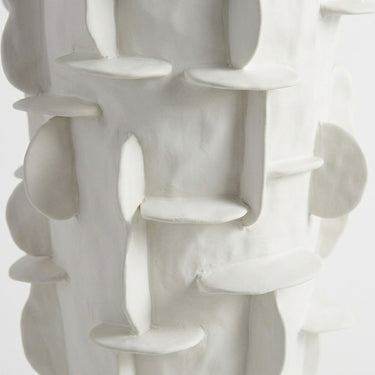 Flange ceramic tall white vase centre with grid pattern.