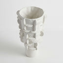 Flange ceramic tall white vase with grid pattern.