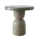 A modern side table with a round, glossy dark grey top and a thick, bulbous pedestal base in a speckled grey glaze finish, shown on a plain white background.