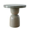 A modern side table with a round, glossy dark grey top and a thick, bulbous pedestal base in a speckled grey glaze finish, shown on a plain white background.
