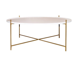 round coffee table with floating metal top and iron frame 