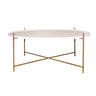 lux floating white and gold round coffee table with a matte white ferro steel tabletop and a geometric golden X-base.