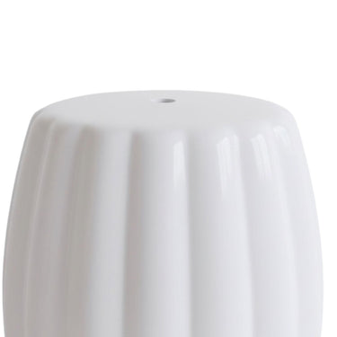 Detailed close-up of the sculpted fluted surface and gloss white glaze on the ceramic stool