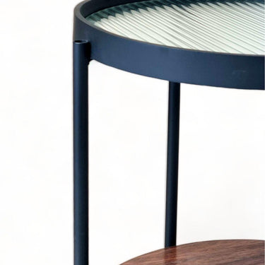 fluted glass with dark wood layer and matte black steel frame