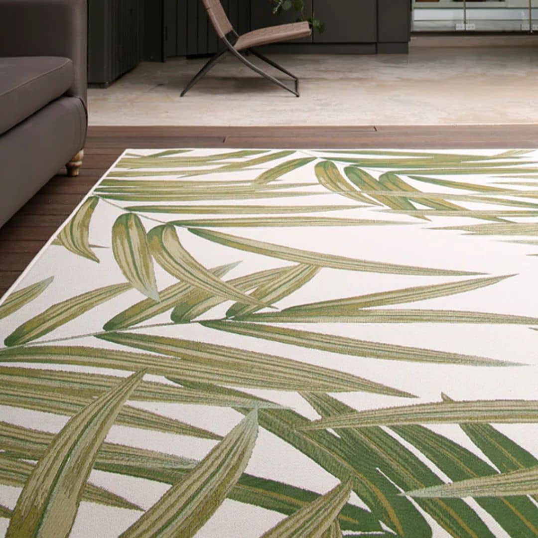 Folia White Rug styled on a modern patio setup