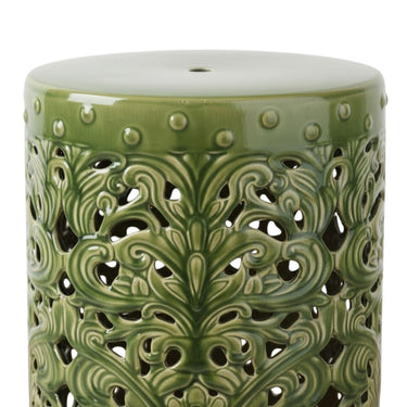 Close-up of the Forest Ceramic Stool's botanical motif, highlighting the intricate raised floral pattern on the dark green glazed surface