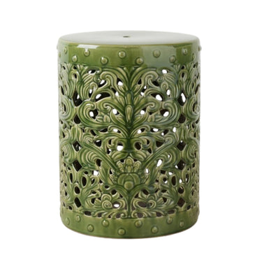 Forest Ceramic Stool in dark green glaze, full view showing cylindrical body with botanical cut-out details and stud-trimmed edges