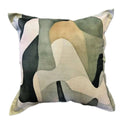 Galico scatter cushion with large interlocking abstract shapes with a green and ochre camouflage watercolour wash