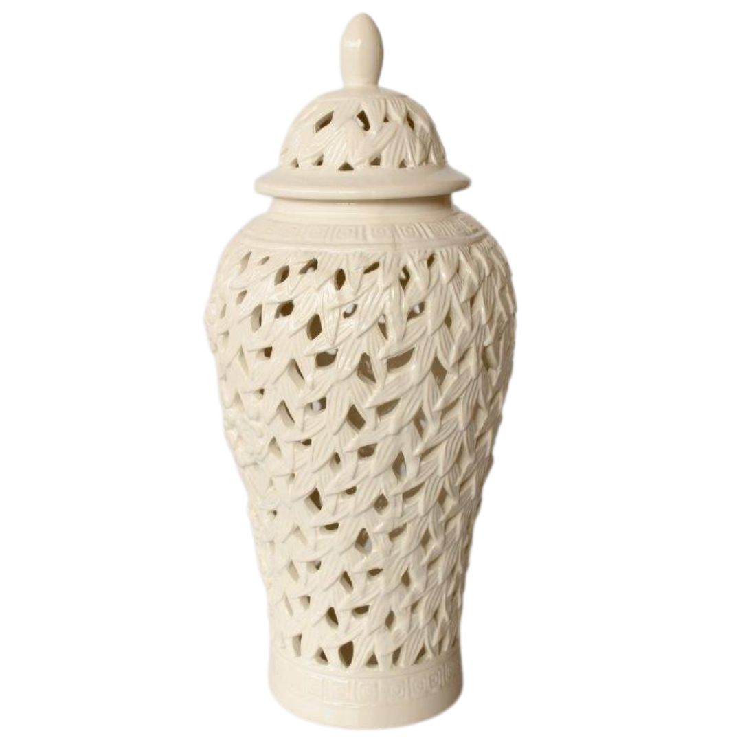 leaves cut out ceramic ginger jar in white