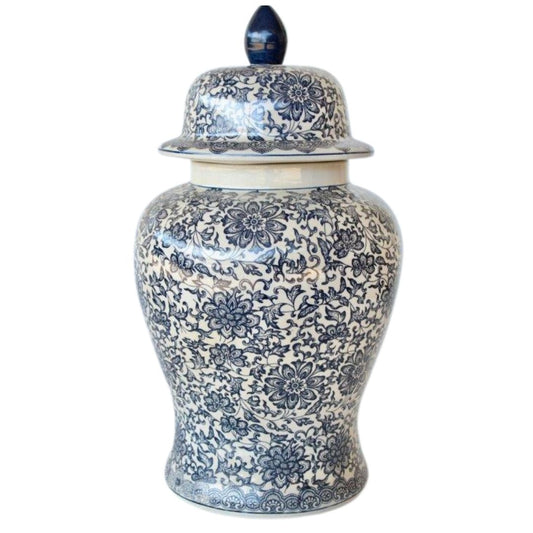 floral pattern in navy blues on lidded jar