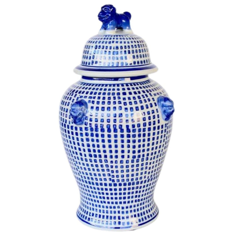 Ceramic ginger jar with Foo Dog lid, patterned body, 43 cm tall x 26 cm wide, decorative home accent.
