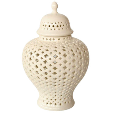 cut out motif on white large lidded jar