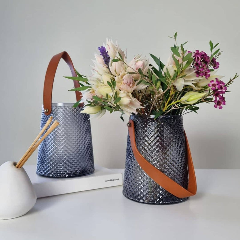 Glass Lantern Bud Vase with Leather Handle with flowers 