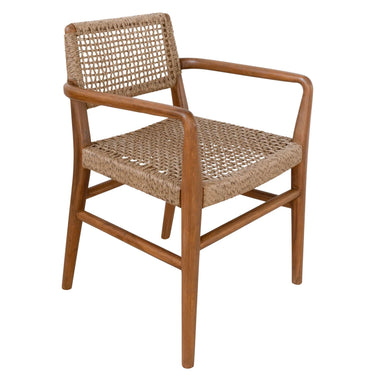 Goa Teak dining arm chair highlighting UV-resistant rope seat and backrest, soft texture, and durable outdoor design
