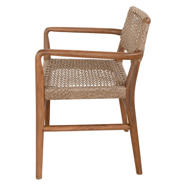 Goa Teak dining arm chair showing curved UV-resistant rope backrest and solid teak frame with protective-finished legs