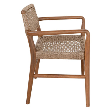 Goa Teak dining arm chair with plush UV-resistant rope seat and back, solid teak frame, slim protective-finished legs, ideal for outdoor patios or garden
