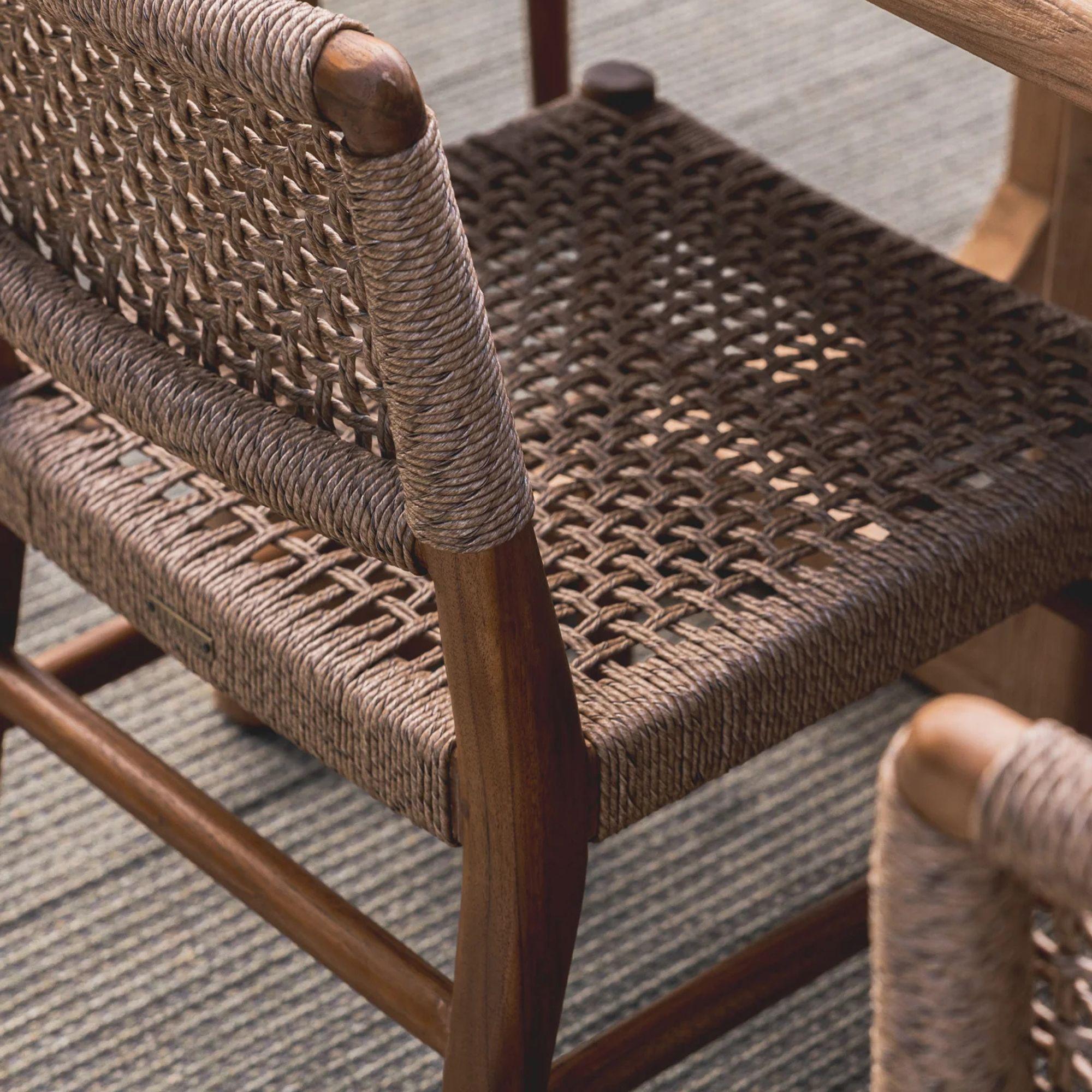 Goa Teak dining chair styled on outdoor patio with plush UV-resistant rope seat and back, perfect for modern outdoor entertaining