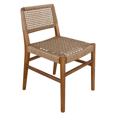Goa Teak dining chai with  UV-resistant rope seat, solid teak frame, protective-finished legs, ideal for outdoor patios, gardens, and terraces