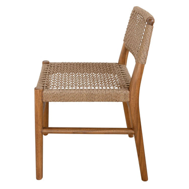 ide view of Goa Teak dining chair showing curved rope backrest and solid teak frame with protective-finished legs