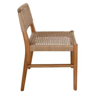 Goa Teak dining chair highlighting UV-resistant rope seat and backrest, soft texture, and durable outdoor design