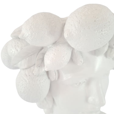 Close-up of White Goddess Head Vase showing textured lemons and leaves