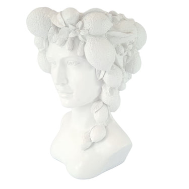 Side view of White Goddess Head Vase with textured crown flowing over the shoulder