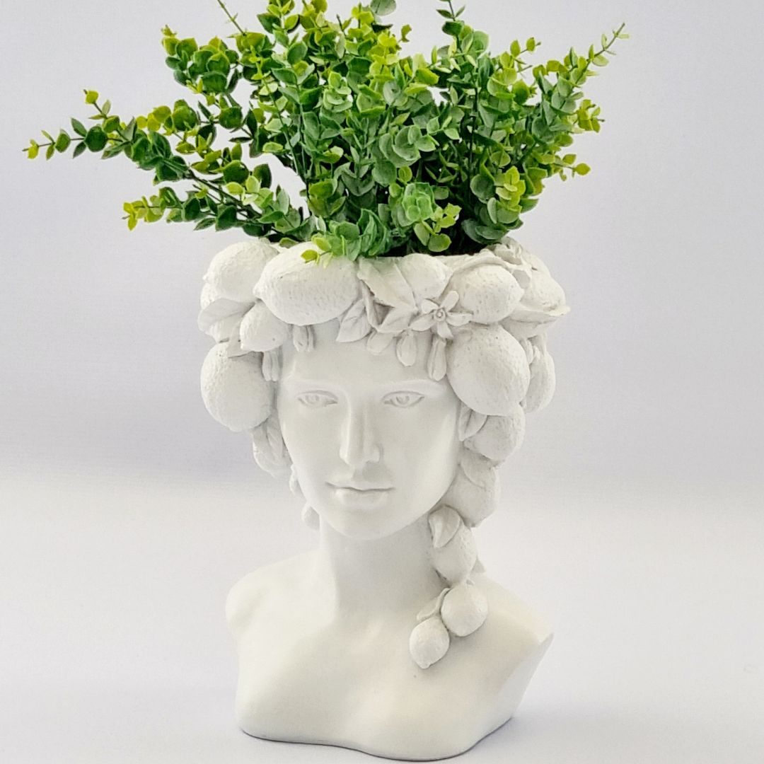 White Goddess Head Vase styled with faux greenery for a natural look