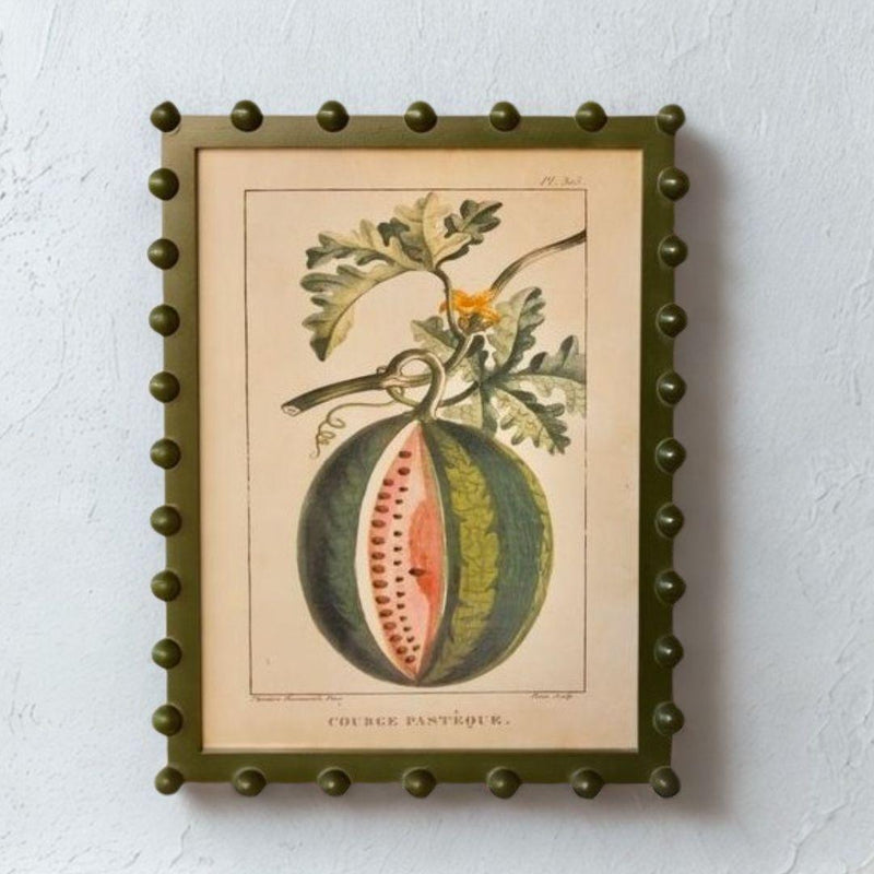 Vintage watermelon illustration framed in olive green bobble frame