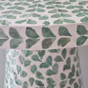 green capiz shell side table styled closeup
