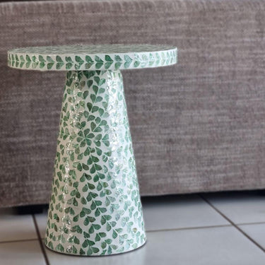 roun top Side table made from bamboo and green capiz shell detailing styled