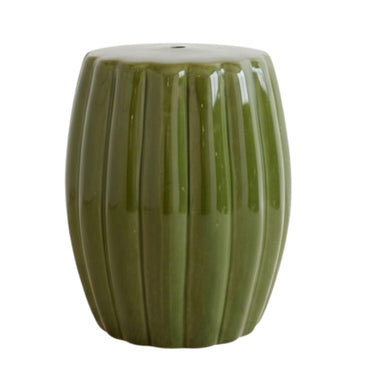 Green ceramic stool with vertical fluted smooth texture
