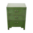 Arka green elmwood bedside table with three drawers and antique brass hardware.