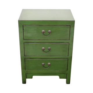 Arka green elmwood bedside table with three drawers and antique brass hardware.