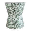 Green shell accent stool with hourglass shape and leaf pattern
