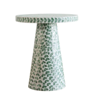 Green shell side table with round top and conical pedestal base