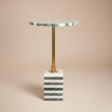 Green and white striped marble side table with brass stem