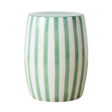 Green striped side table featuring a white ceramic base and bold vertical green stripes for a fresh, organic look