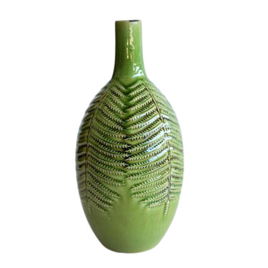 Elegant green vase with delicate leaf design for flower décor or accents.

