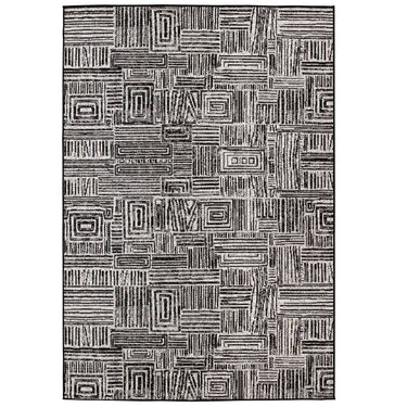 Gridlock interlocking grid pattern outdoor rug in the charcoal Pirate colour.