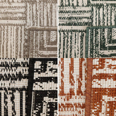 Collage of four close-up views of a gridlock outdoor rug pattern in different colorways: beige and gray, green and cream, black and cream, and rust orange and cream.