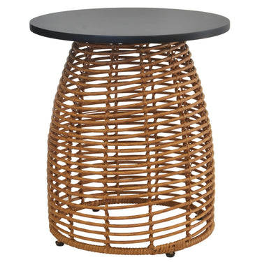 A round outdoor side table featuring a dark charcoal gray top and a natural brown woven rattan base, shown against a plain white background.