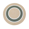 A round woven rug with concentric circular stripes in natural beige, dark green, and white, shown from a top-down view on a solid white background.