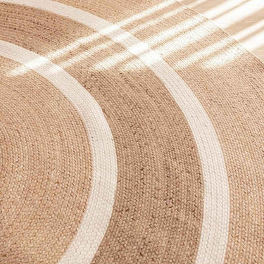 Close-up of eco-friendly recycled fiber weave on round patio rug