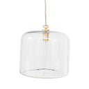 Clear glass dome pendant light with a brass metal fixture and hanging cord.