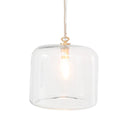 Clear glass dome pendant light with a warm glowing bulb inside and a small brass-toned top cap, suspended.