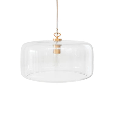 Clear glass pendant light shade with a cylindrical drum glass body, suspended by a cord with brass hardware.