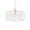 Clear glass pendant light shade with a cylindrical drum glass body, suspended by a cord with brass hardware.