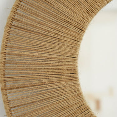 Handwoven jute rope wall mirror sunburst detail