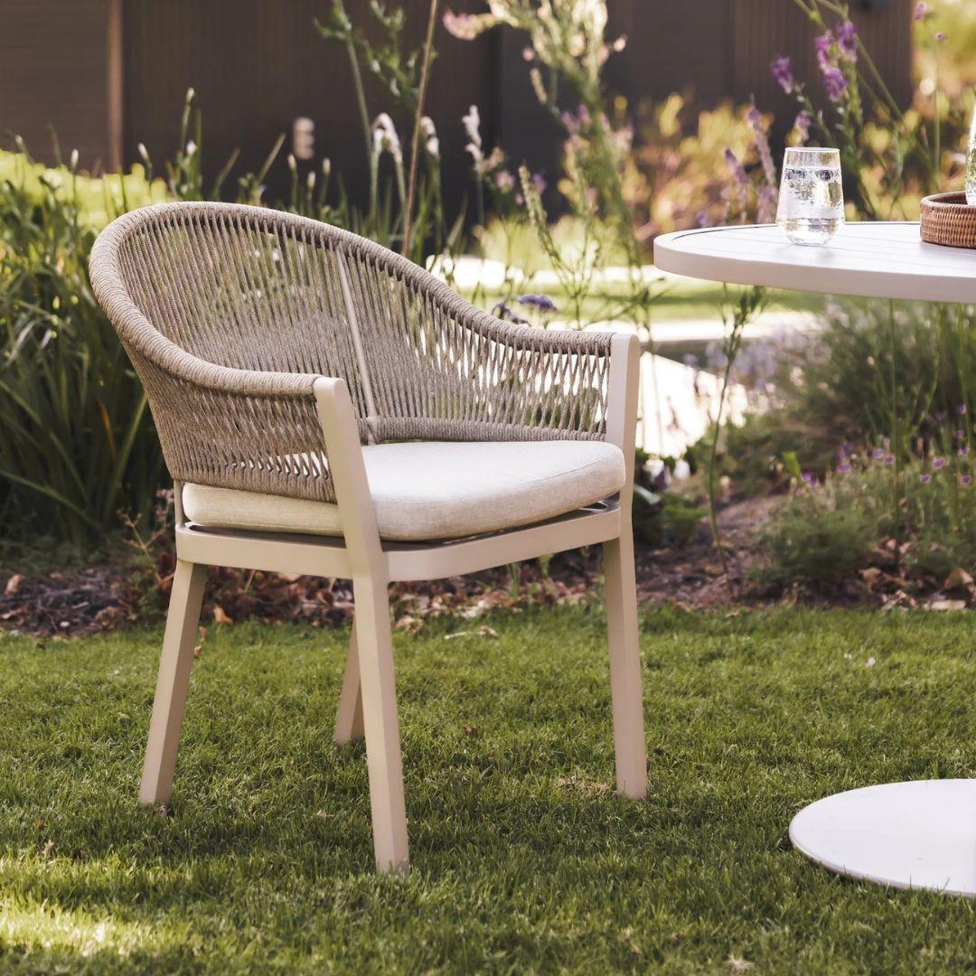 Durable outdoor chair with dark grey cushioned seat for alfresco dining